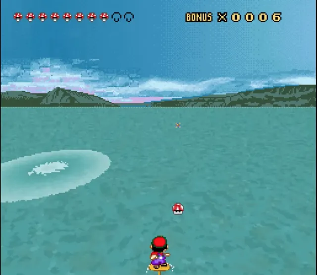 Mario on his surfboard collecting Mushrooms.
