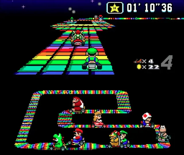 Luigi racing the Rainbow Road track.